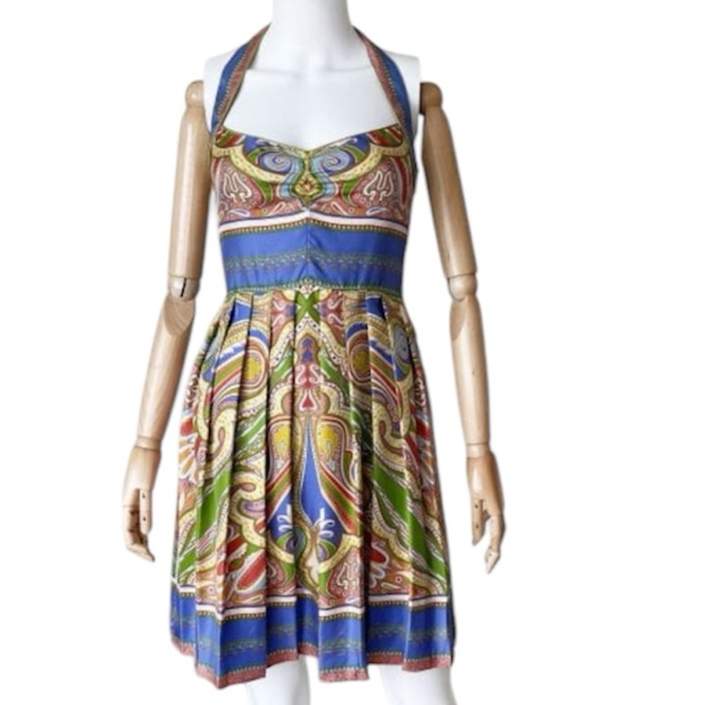 Nicole Miller 100% Silk Multicolor print scarf halter dress size 0/XS MSRP $395